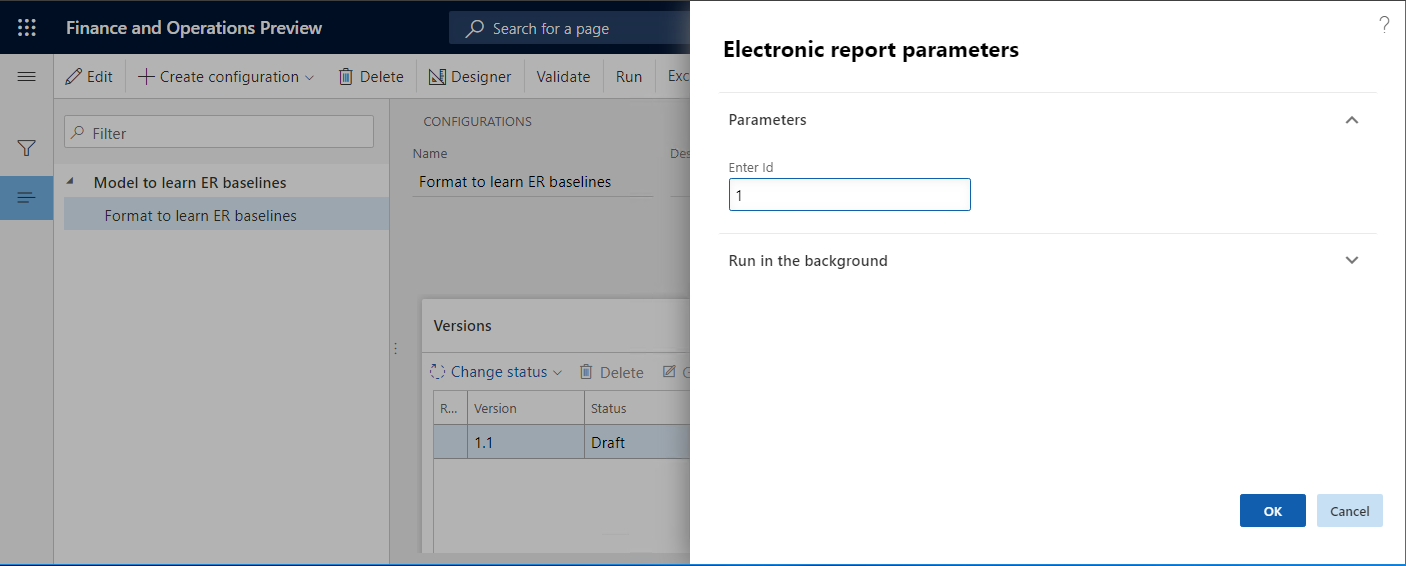 Electronic report parameters dialog box.