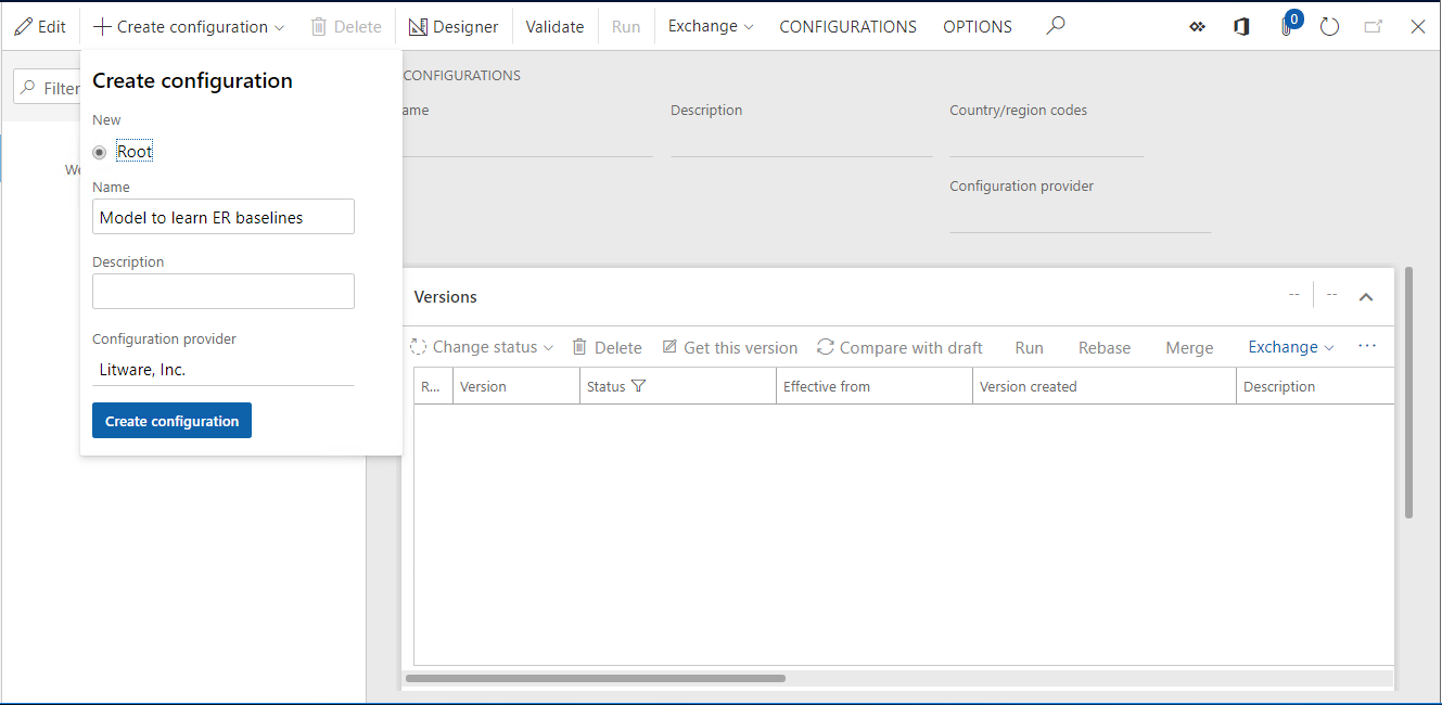 Create configuration dialog box, add a new ER model configuration.