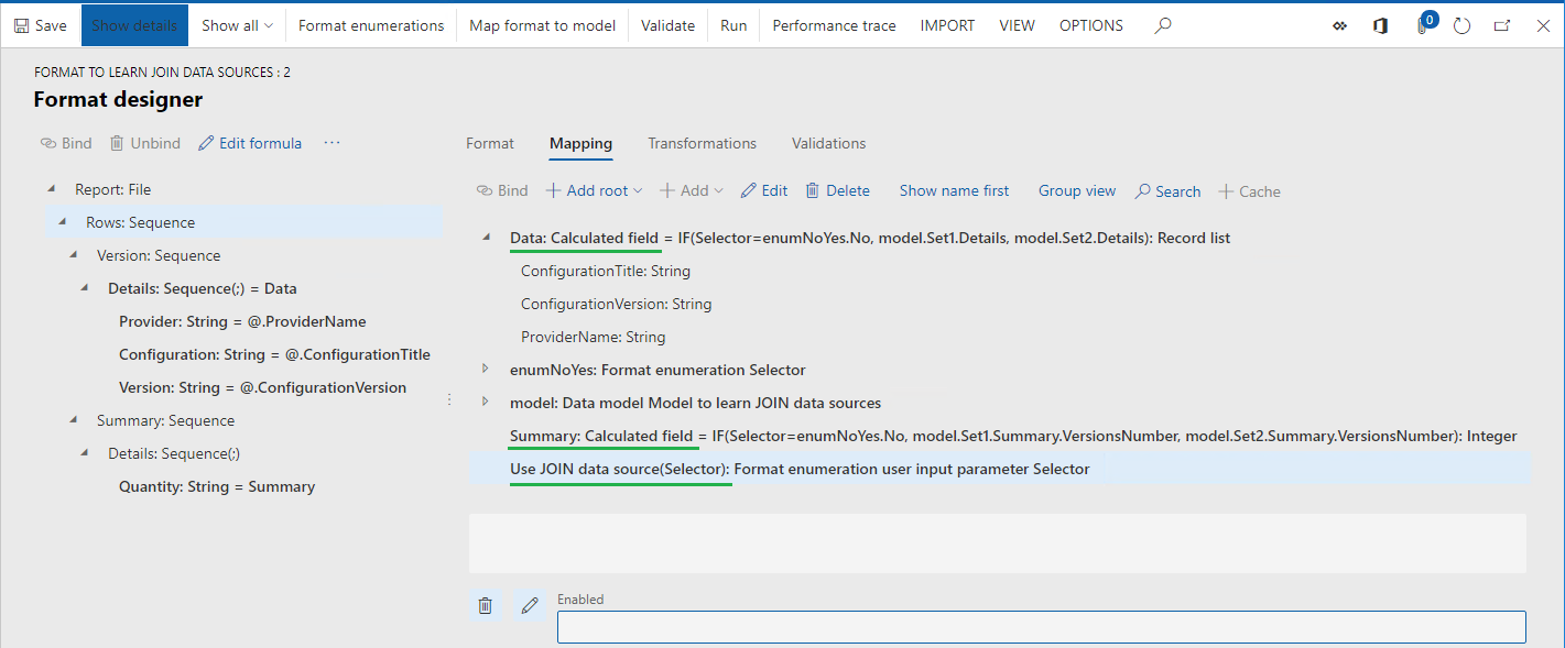 ER format designer page, Mapping tab.