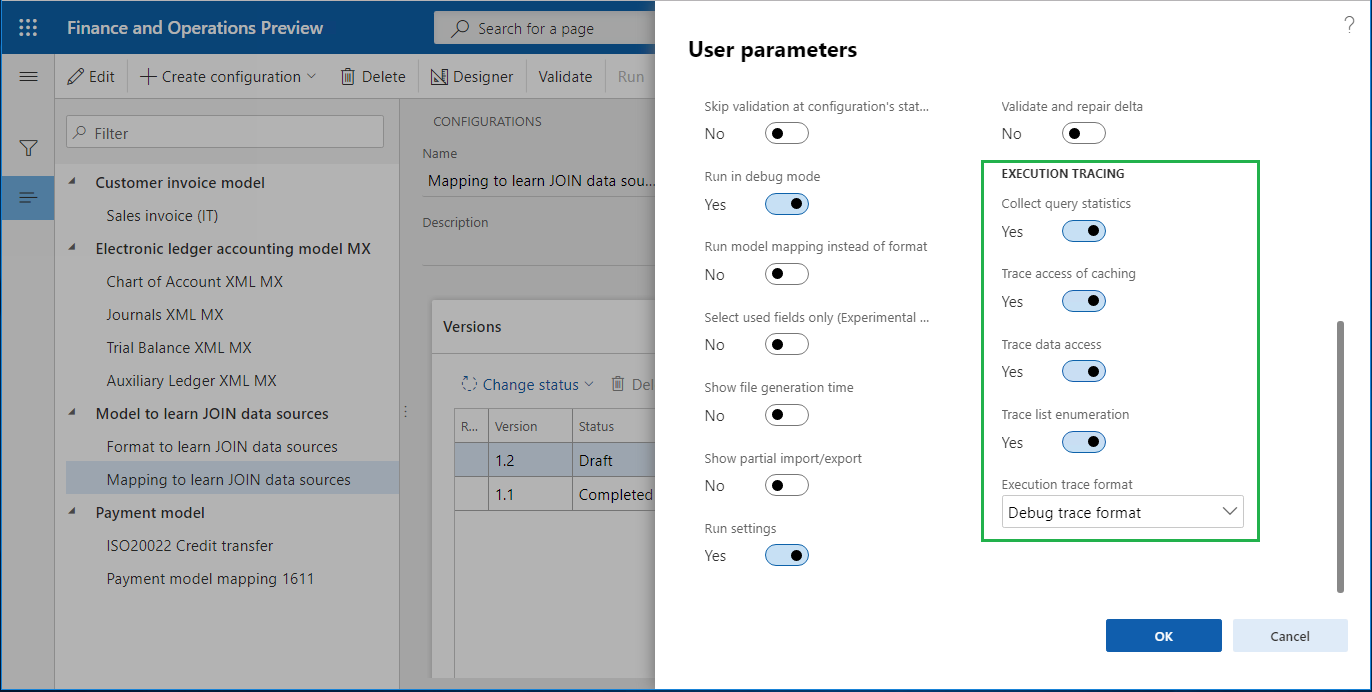 Electronic reporting user parameters page.