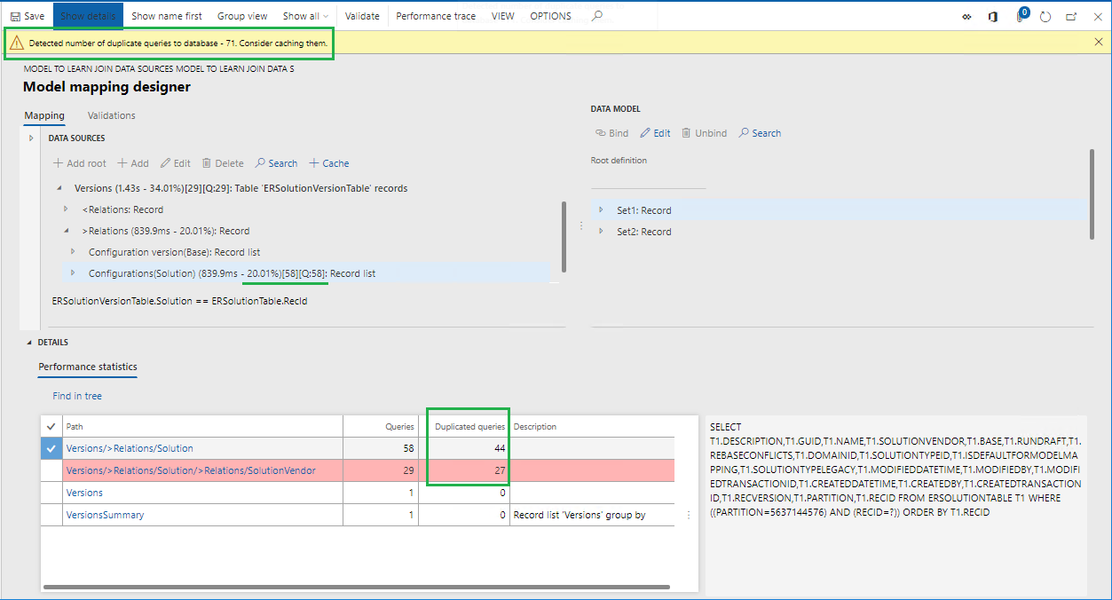 Eexcution statistics on the ER Model mapping designer page.