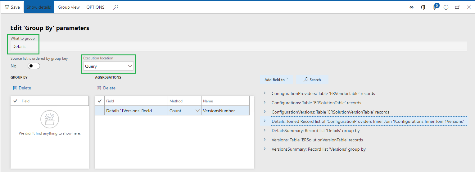 GROUPBY data source parameters page.