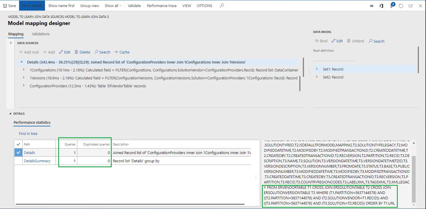 ER Model mapping designer page performance statistics details.