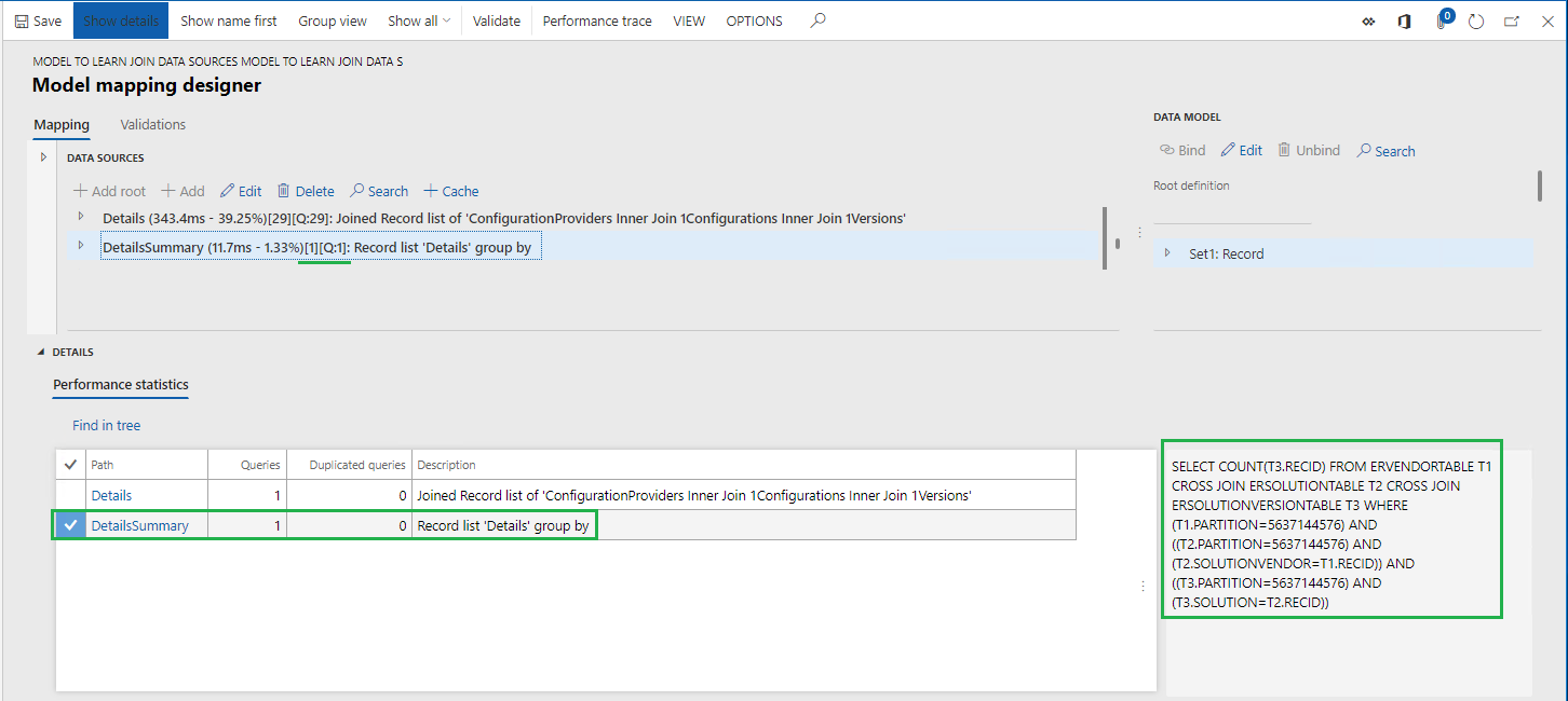 ER Model mapping designer page showing application database calls.