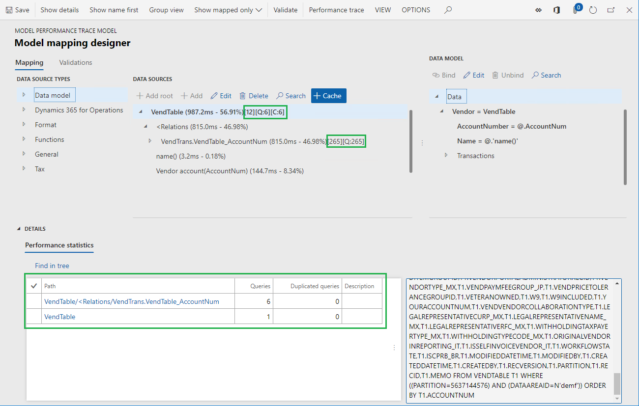 Trace information for the VendTable data source on the Model mapping designer page in RCS.