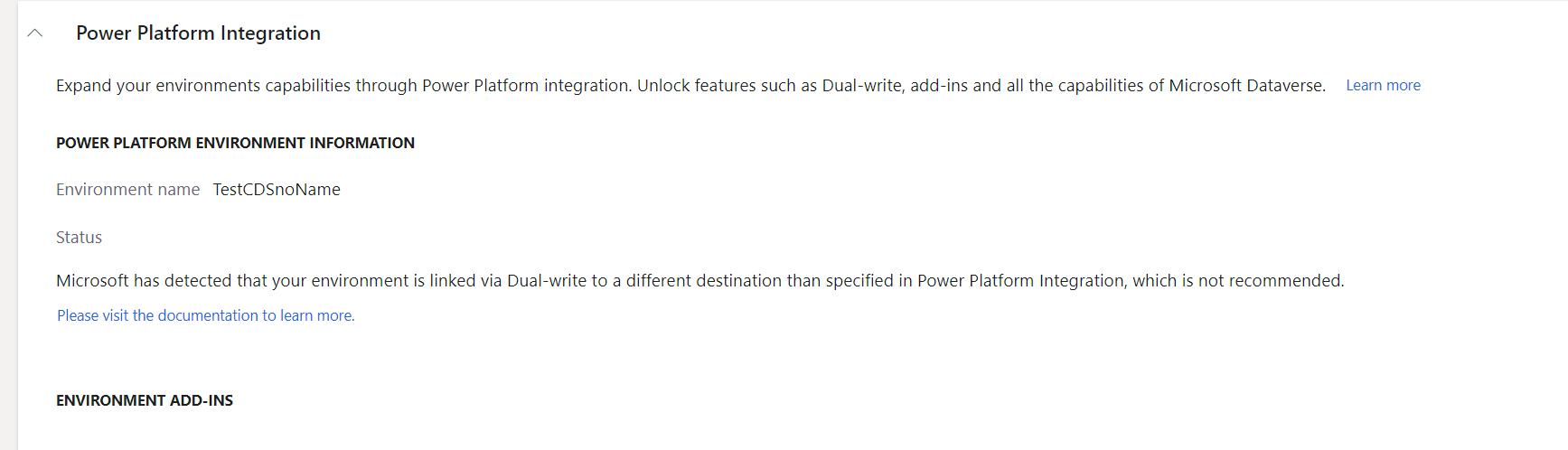 Power Platform integration link mismatched.