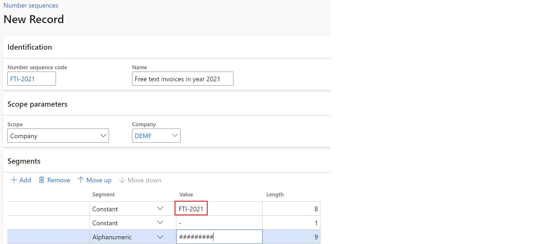 Number sequence setup.