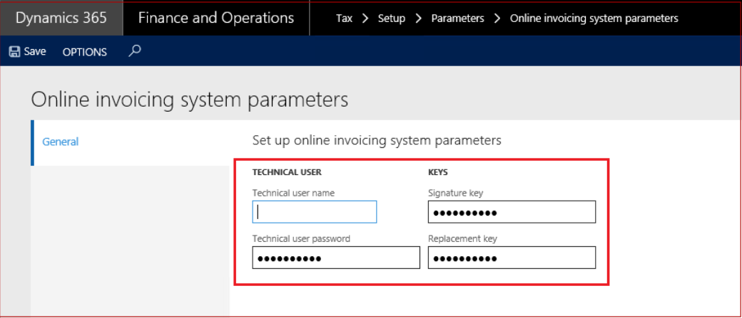 Online invoicing system parameters where Use advance certificate store option is set to no.