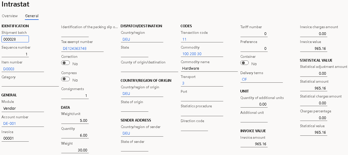 Purchase order details on the General tab of the Intrastat page