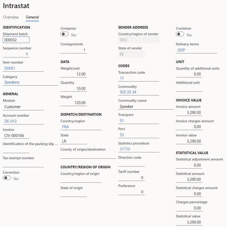 Sales order details on the General tab of the Intrastat page