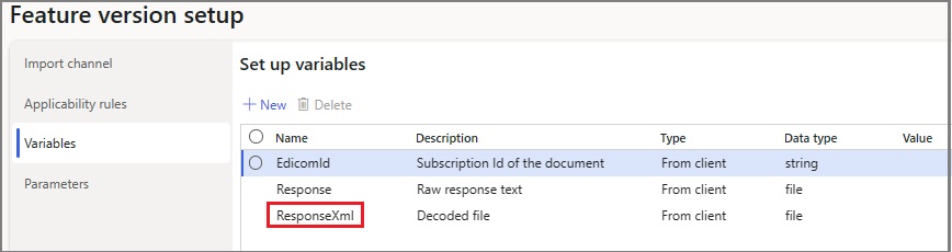 Screenshot that shows the ResponseXml variable for the Edicom import channel.