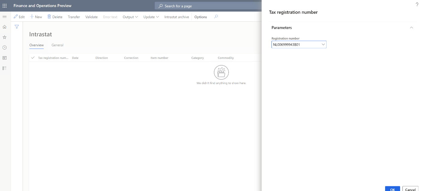 Tax registration number selected in the Tax registration number dialog box.