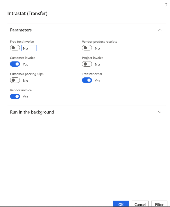 Documents selected in the Intrastat (Transfer) dialog box.