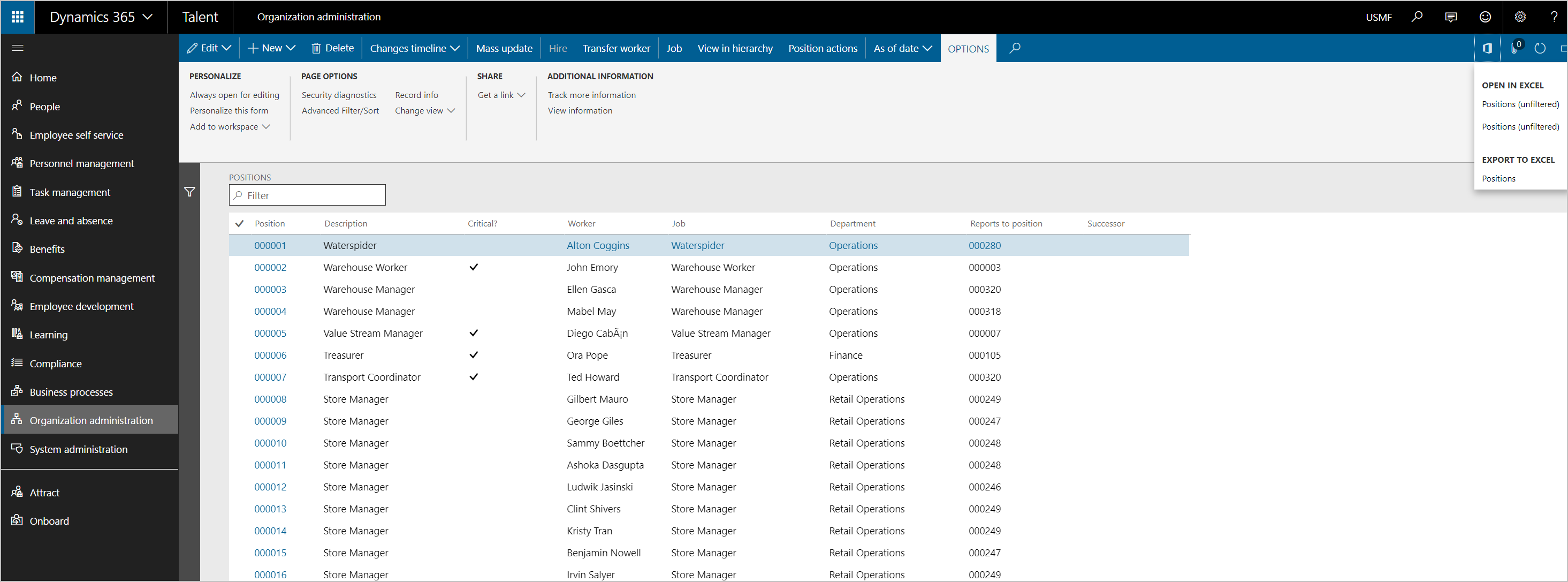 Export the Positions list page to Excel.