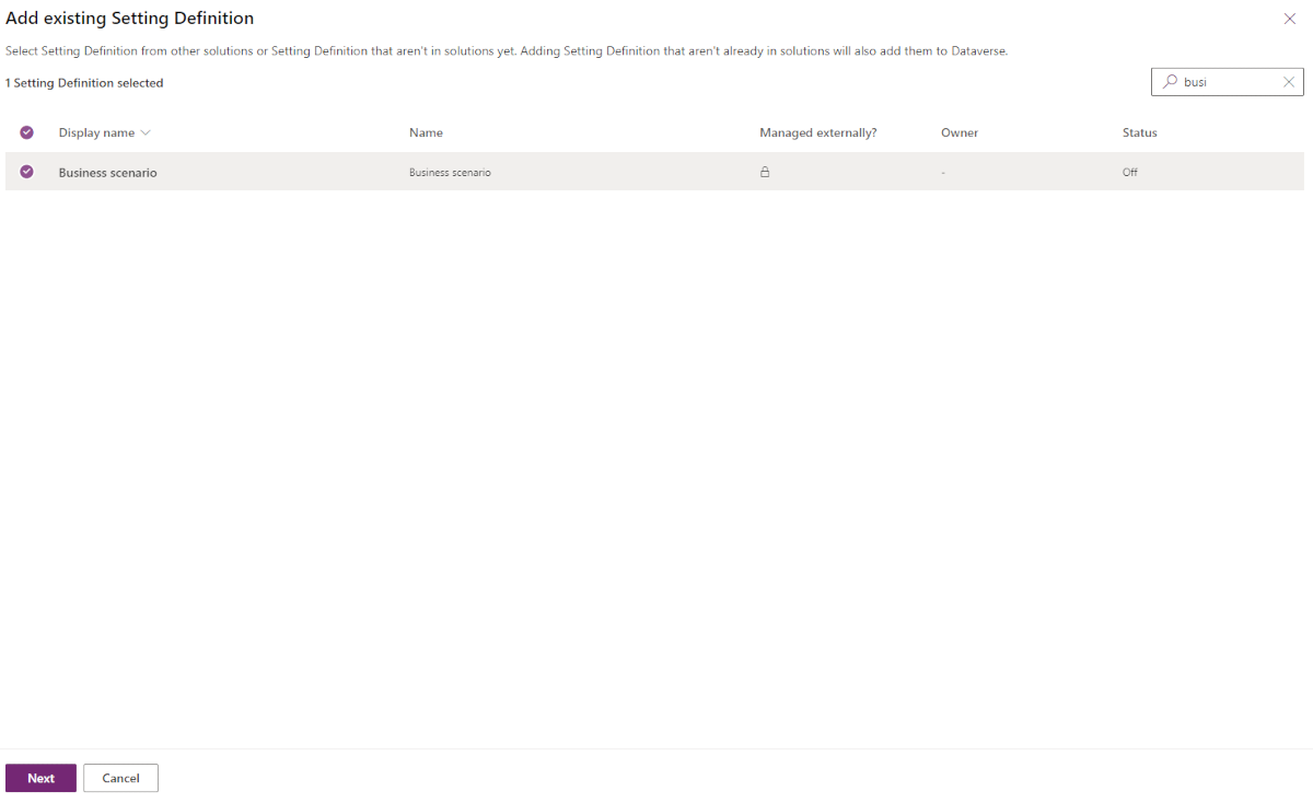 Configuration step for adding a setting definition.