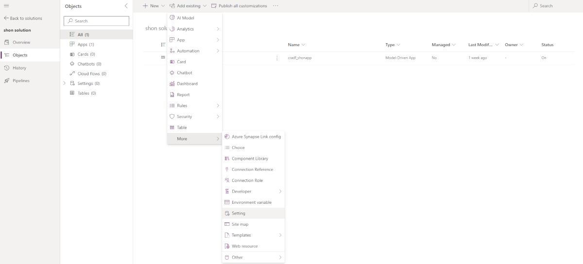 Configuration step for adding a setting for a business scenario.