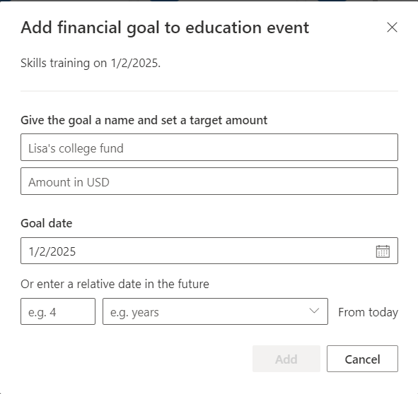 Screenshot of the financial goal to add.