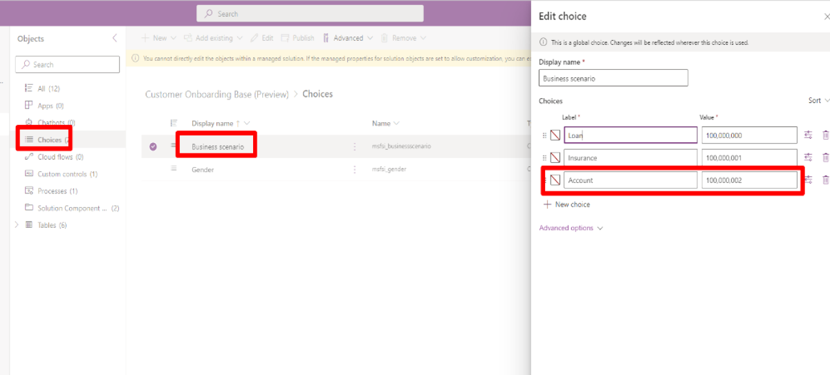 Configuration step for defining a business scenario.