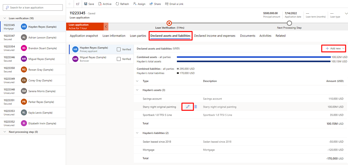 Declared assets and liabilities modifications tab.