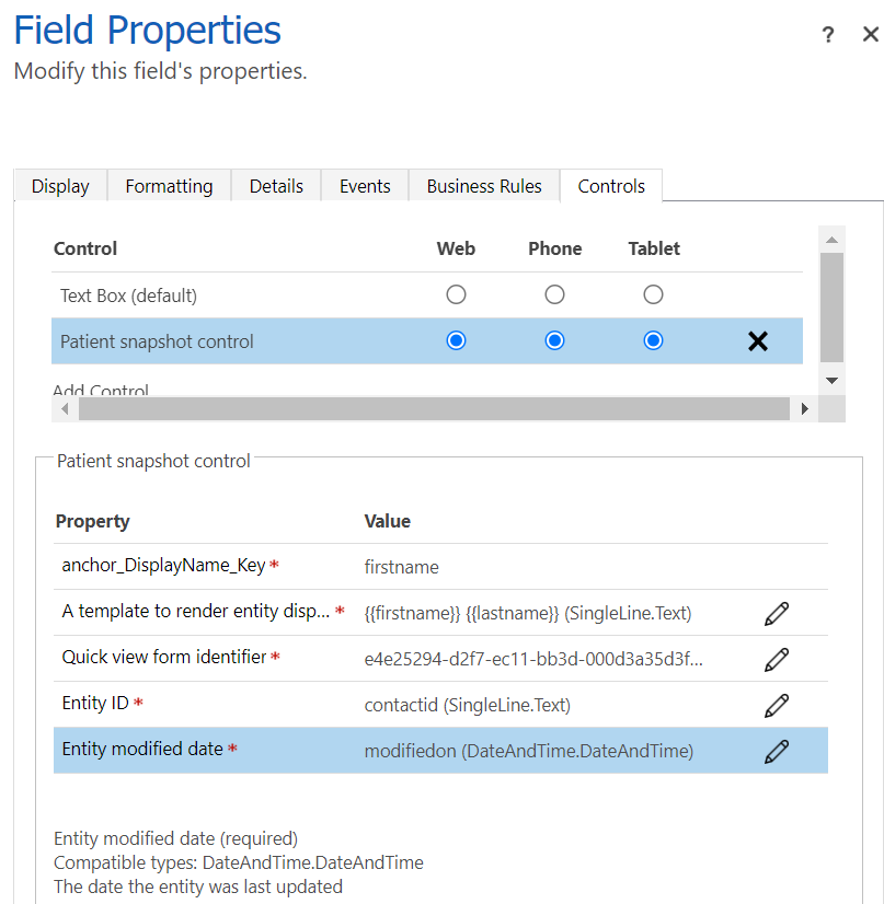 A screenshot showing an example of patient snapshot configuration.