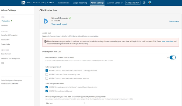 Configuration options for sharing data between LinkedIn Sales Navigator and your Fundraising And Engagement environment.