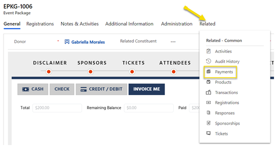 Review payments for an event registration package.