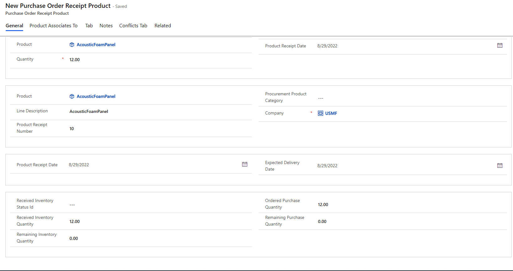 New Purchase Order Receipt Product page.