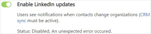 Screenshot of Error in enabling LinkedIn updates.