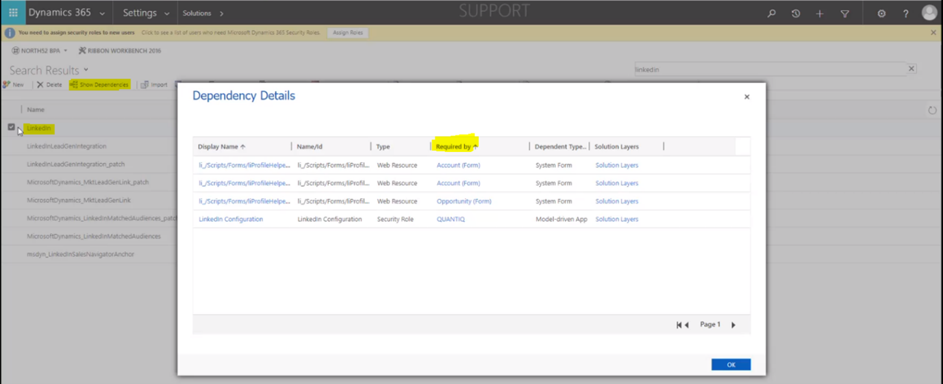 Screenshot of LinkedIn solution dependencies.