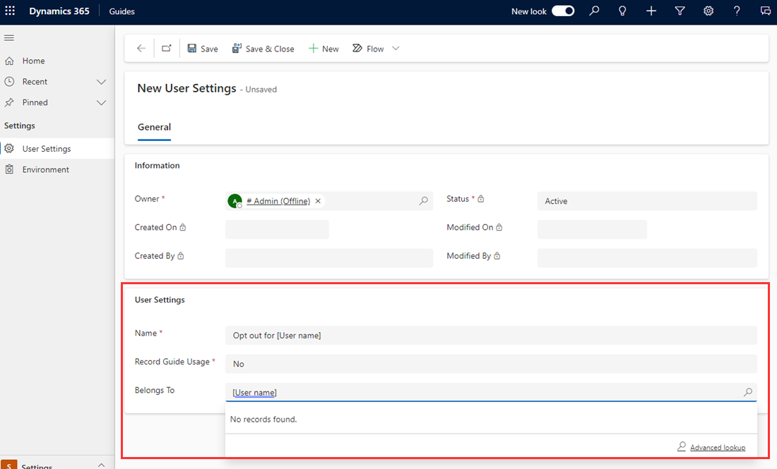 Screenshot of New User Settings showing user settings filled out in the Guides model-driven app.