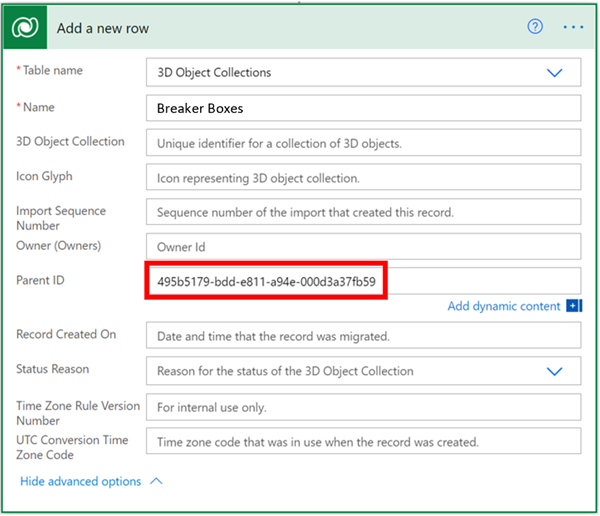 Power Automate screen with Parent ID pasted in the Parent ID field.