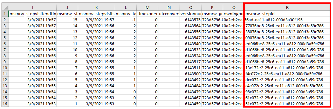 Downloadeded Excel spreadsheet with column R selected showing list of Step Ids.