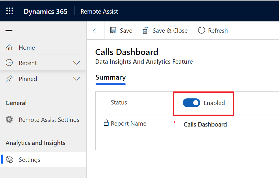 Enable the Calls dashboard.