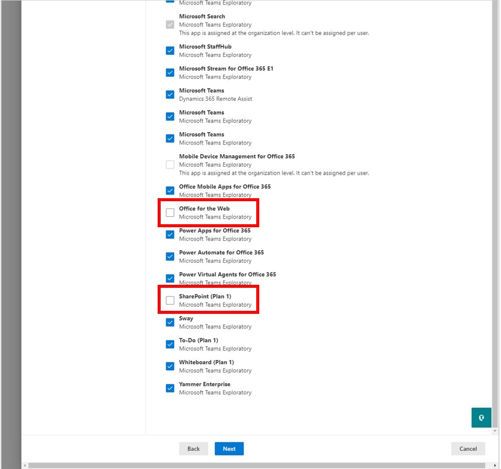 Screenshot showing SharePoint and Office for the Web check boxes cleared.