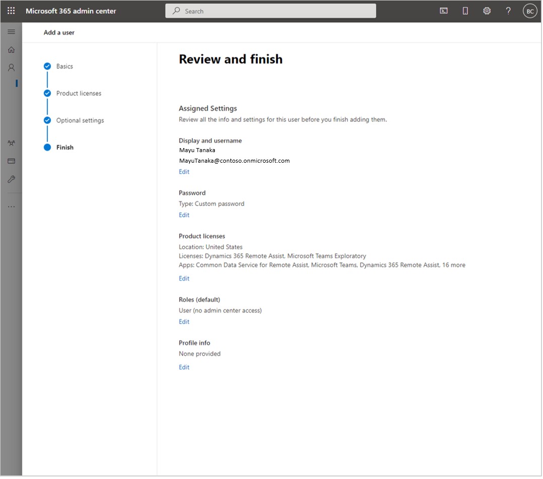 Screenshot of Review and finish section filled out.