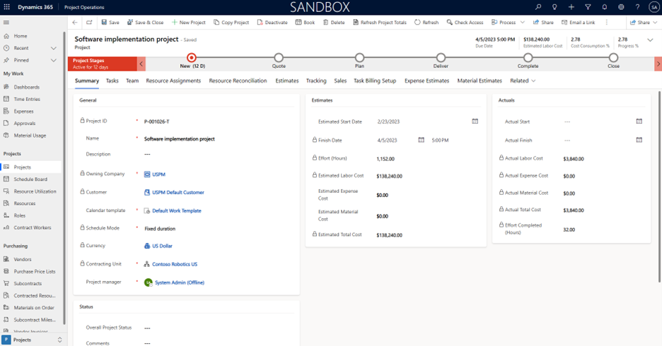 Summary tab of the project page for the Business Software Implementation example project, showing the different project stages.