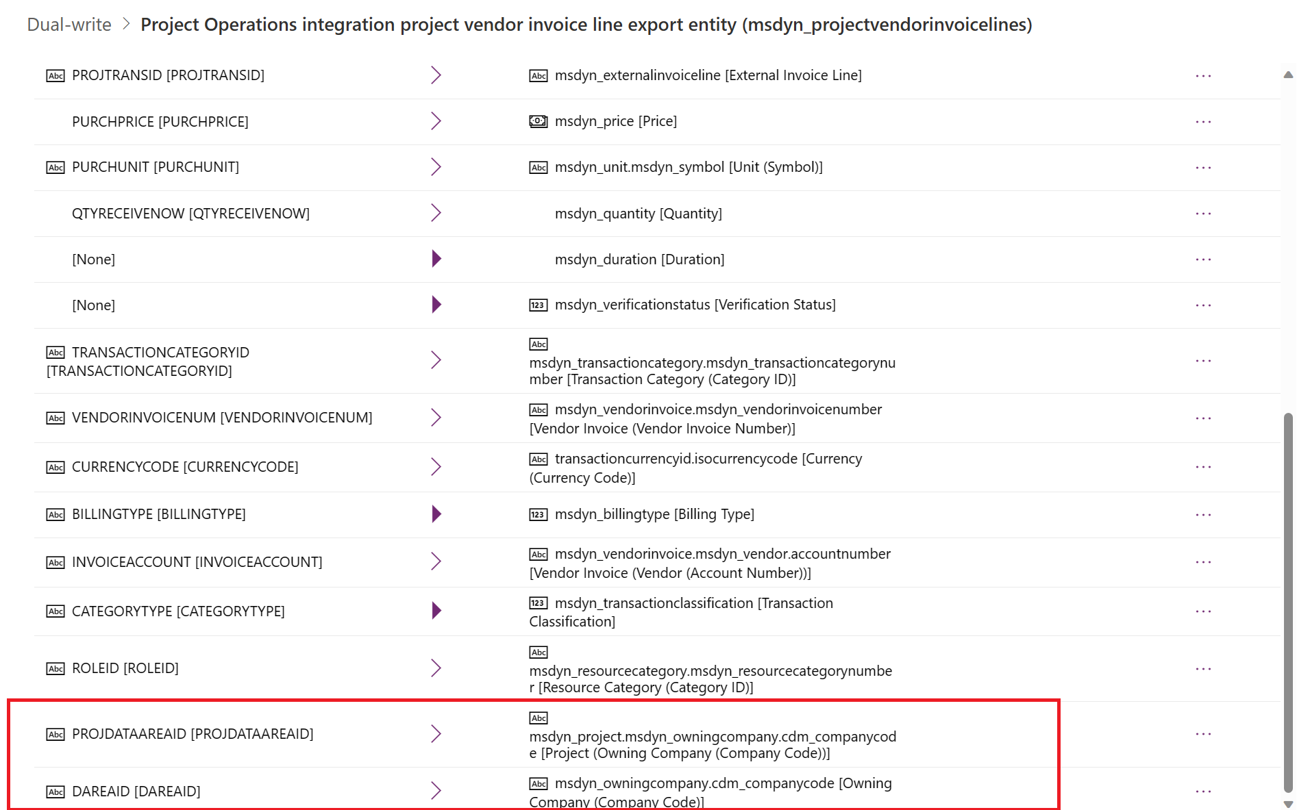 Screenshot of the dual-write field map with PROJDATAAREAID and DAREAID highlighted.