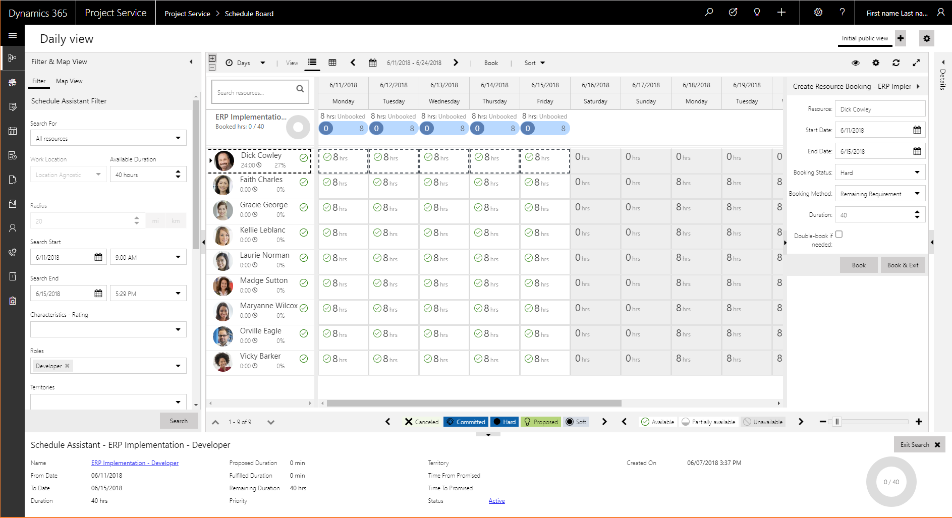 Create Resource Booking pane for the selected bookable resource.