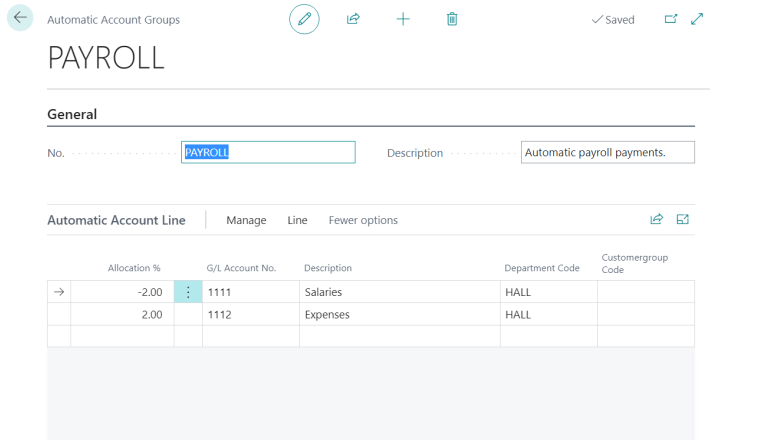 Automatic account code setup