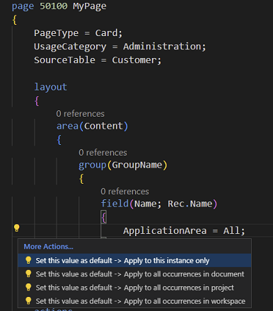 Code action to move Application Area from field to page