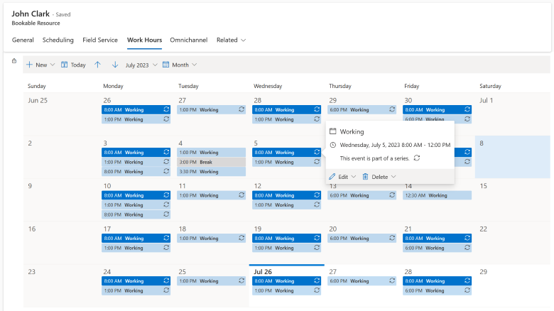 Image showing multiple recurrences in a single day or week on the work hour calendar.