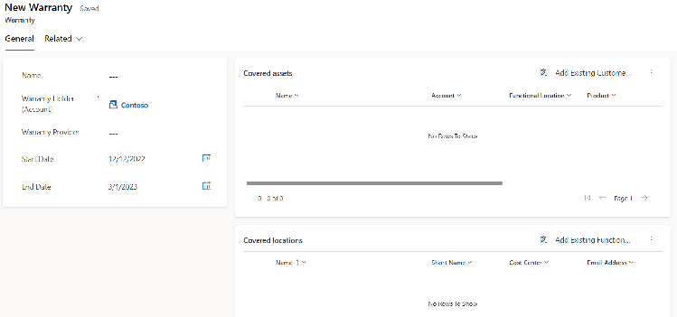 Warranty form with covered assets, locations, and date range.