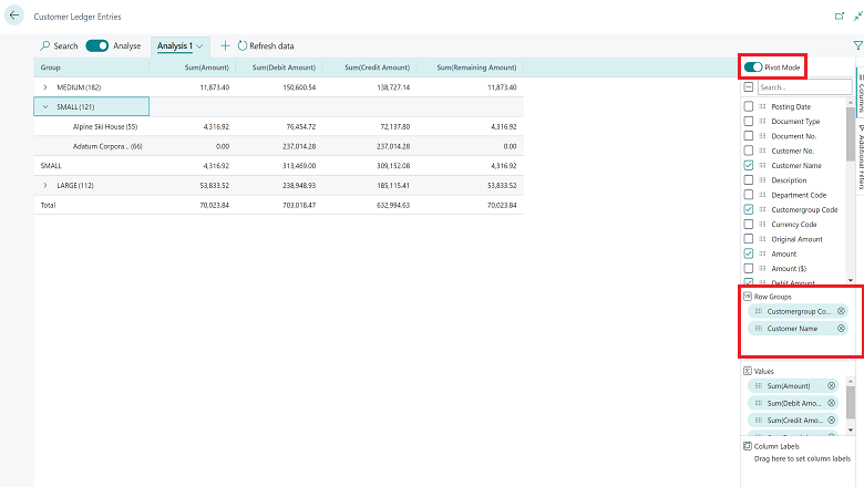 Shows pivot row groups in analysis mode.