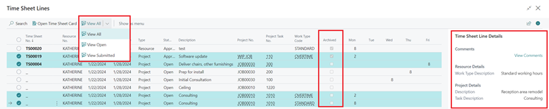 Shows Time Sheet Lines to copy from with multiple line selection.