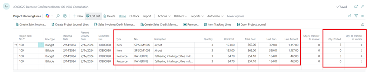 Shows Job Planning Lines page with Qty Posted and Qty. to Transfer to Invoice highlighted.