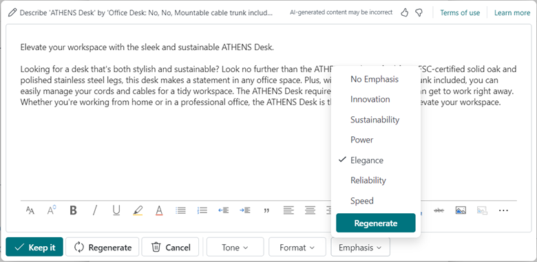 Text drafted by Copilot can be adjusted to match company tone of voice or focus on a quality.