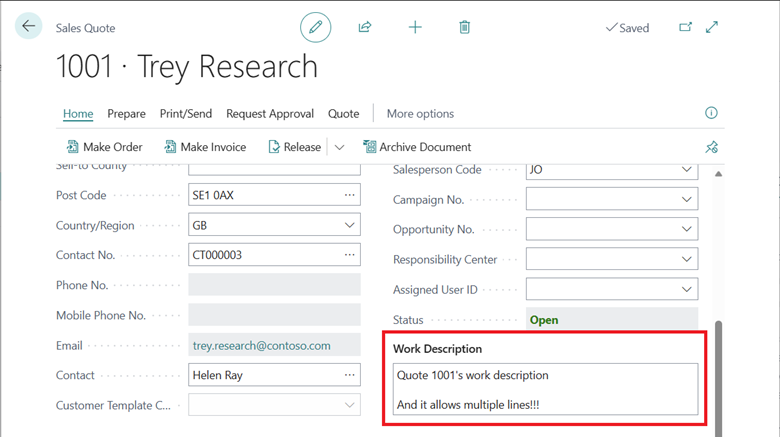 Shows sales quote with multiline work description updated from Configuration Package.