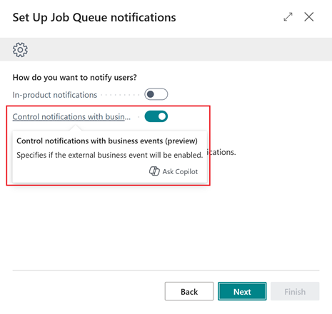 Shows Control notifications using business events toggle in assisted setup guide