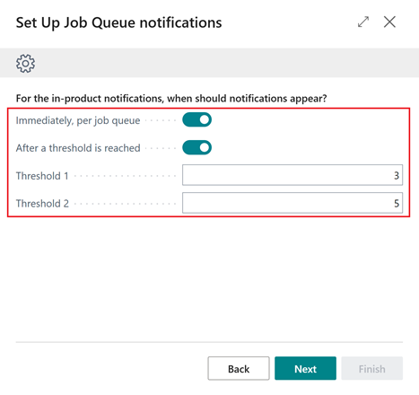 Shows step where users can define when to notify them of job queue issues.