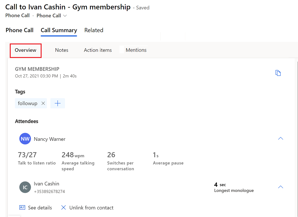 Screenshot of the Overview tab of the call summary page.